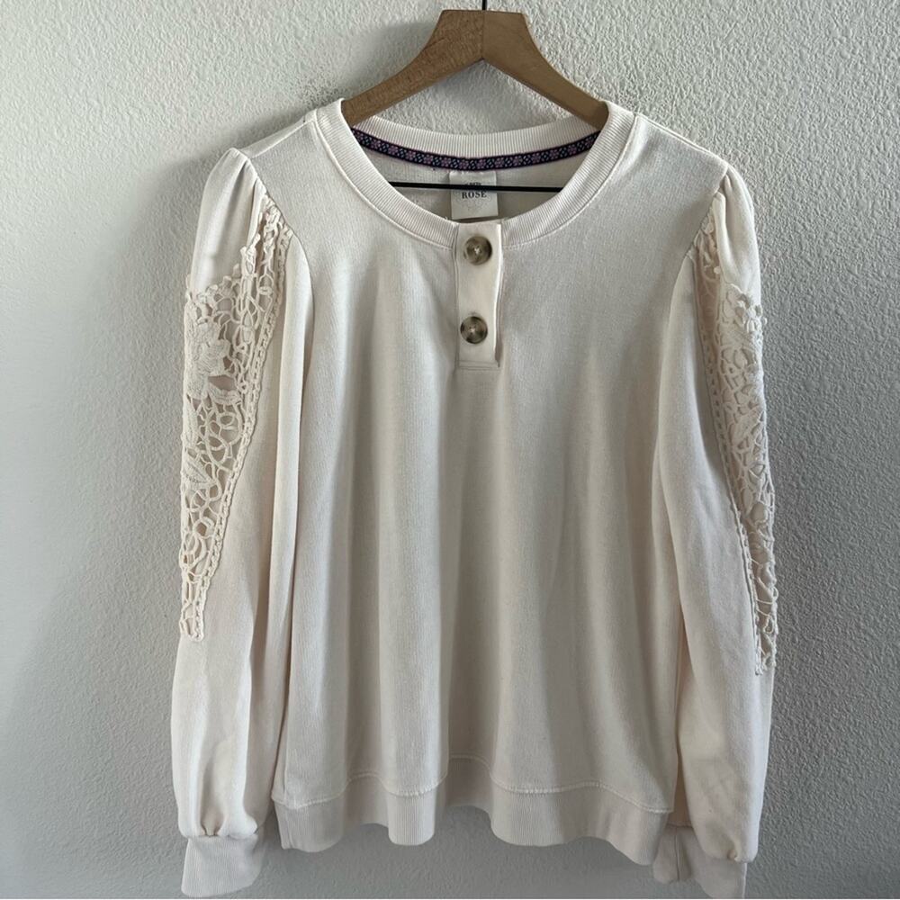 Knox Rose Cream Boho Button Lace Sweatshirt Long Sleeve Medium